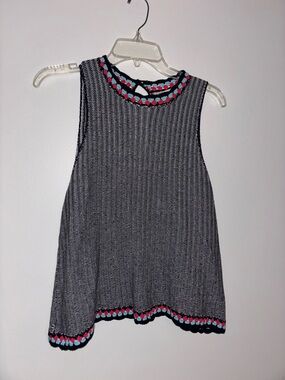 THML Anthropologie  Black & White Knit Tank with Pink and Teal Crochet Trim